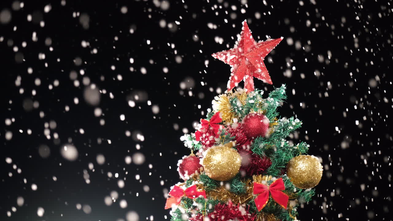 Premium stock video - Christmas tree snow falling in winter night