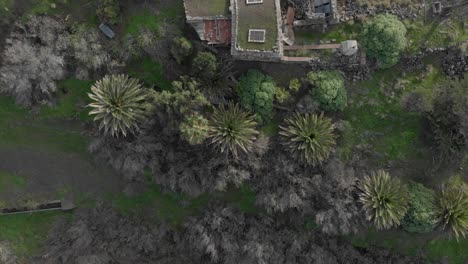 Aerial-top-down-rising-over-old-hut-in-Serra-de-Dentro-on-Porto-Santo-Island