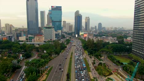 Massive-traffic-jam-in-Jakarta,-Indonesia-during-rush-hours,-aerial-view