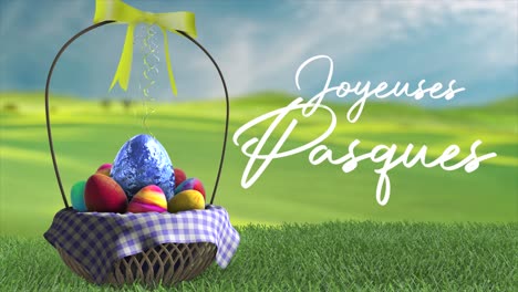 High-quality-3D-animation-of-an-Easter-Basket-full-of-eggs-in-rolling-green-fields,-with-the-message-in-French-"Joyeuses-Pasques