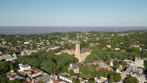 Aerial-view-of-San-Isidro-neighborhood-with-its-Cathedral-and-La-Plata-river-at-back