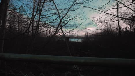 Slow-revealing-view-over-a-metal-fence-onto-a-factory-in-the-distance-through-trees,-forest-on-the-edge-of-a-river-with-a-colourful-blue-and-pink-sky
