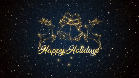 Beautiful-Seasonal-animated-motion-graphic-of-reindeers-and-bells-depicted-in-glittering-particles-on-a-starry-background,-with-the-seasonal-message-ï¿½Happy-Holidaysï¿½-appearing