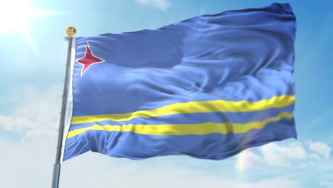 4k-3D-Darstellung-Der-Wehenden-Flagge-An-Einem-Mast-Des-Landes-Aruba