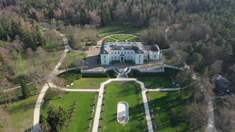 AERIAL:-Palanga-Amber-Museum-Surrounded-Forest-and-Park-on-a-Sunny-Beautiful-Day