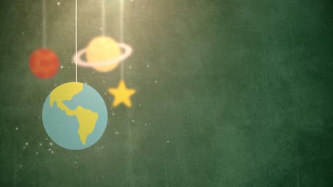Flache-Design-Planeten,-Die-Herunterfallen-Und-An-Einer-Schnur-Hängen,-Grüner-Hintergrund,-Stern,-Erde,-Saturn