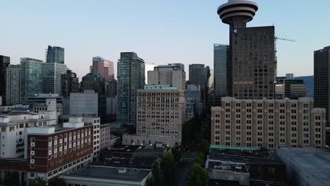 aerial-drone-footage-of-downtown-Vancouver-buildings,-gastown,-early-sunrise,-morning-urban-scrapers-view