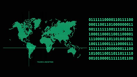 HUD-green-monitor-target-aiming-point-moving-around-world-map-continents-with-random-binary-code---futuristic-world-geographic-target-network-planning-footage-concept