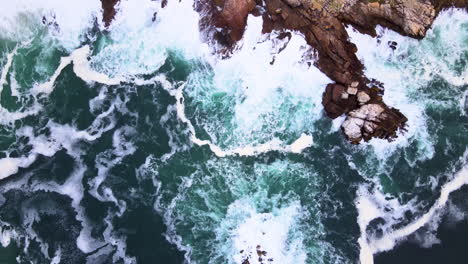 Aerial---Top-down-shot-of-turbulent-ocean-thrashing-rocky-coastline,-Hermanus-South-Africa