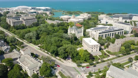 Beautiful-Establishing-Shot-of-Northwestern-University-Arch-and-Campus-on-Summer-Afternoon
