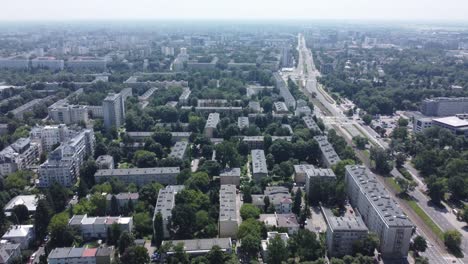 Drone-video-of-Old-Mokotow-in-Warsaw,-Poland-under-clear,-sunny-daylight