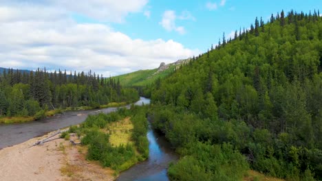 4K-Drone-Video-of-Mountains-above-Chena-River-at-Angel-Rocks-Trailhead-near-Chena-Hot-Springs-Resort-in-Fairbanks,-Alaska