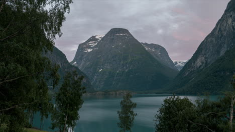View-From-Afar-Of-The-Mountain-And-Lake-In-Norway---timelapse-shot