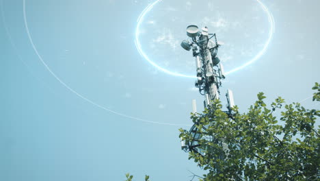 Giant-5G-6G-Communication-Tower-sends-signals-behind-tree,-Technology-in-nature,-Internet-network,-reception