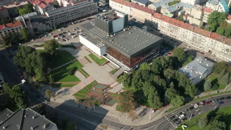 AERIAL:-Reveal-Shot-of-Lithuanian-National-Opera-and-Ballet-Theatre-Among-Soviet-Style-Architecture-Buildings