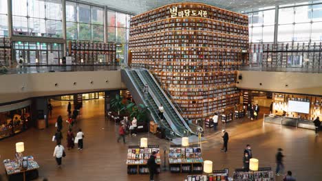 Modern-space-of-Starfield-Library-with-visitors-in-Coex-Mall---Tourist's-attraction-landmark-of-Seoul---Static-establishing-wide-shot-timelapse