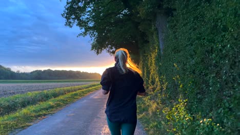 Slow-motion-shot-showing-silhouette-of-woman-jogging-on-rural-path-against-sunset-light