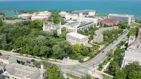 Aerial-Establishing-Shot-of-Northwestern-University-on-Beautiful-Summer-Day