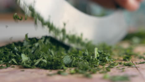 Extreme-close-up-woman's-hand-fast-chopping-green-parsley-towards-the-camera-with-an-Italian-mincing-knife-sharp-knife-on-a-wooden-board-in-her-kitchen