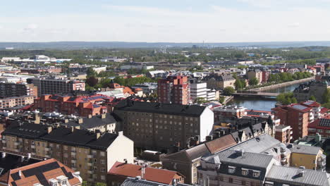 Panoramic-cityscape-air-view-during-the-day-in-Norrköping,-Sweden