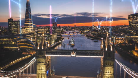 Technological-city-of-London,-with-rays-and-Icons---3d-hyperlapse-visualization