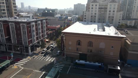 Aerial-view-panning-away-from-the-Fillmore-club,-in-SF,-USA---pull-back,-drone-shot