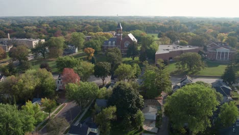 Dramatic-aerial-drone-shot-revealing-a-beautiful-church-on-a-sunny-warm-day