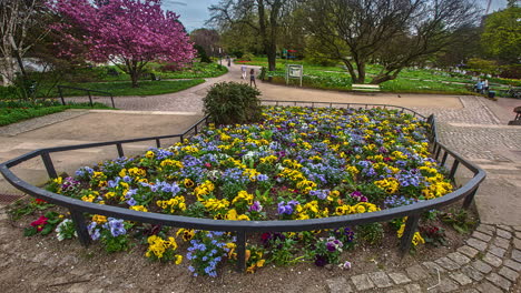 View-of-a-beautiful-park-with-fully-bloomed-floral-plants-and-trees-during-spring-in-Hamburg,Germany-in-timelapse