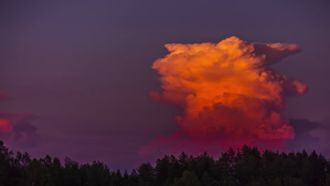 Clouds-forming-different-shapes-in-timelapse-during-sunset-over-the-green-pine-tree-forest