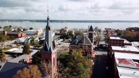 aerial-pullout-from-church-steeple-and-city-hall-in-new-bern-nc,-north-carolina