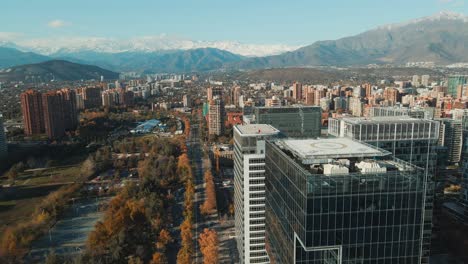 Commercial-Buildings-Of-Nueva-Las-Condes-And-Araucano-Park-In-Las-Condes-District,-Santiago-City,-Chile-Overlooking-A-Majestic-View-Of-Mountain-Ranges