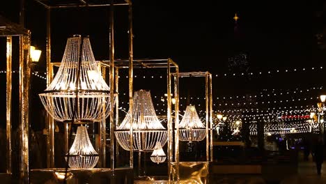Modern-Christmas-Lights-Hanging-Outdoors-In-Yerevan,-Armenia-At-Night