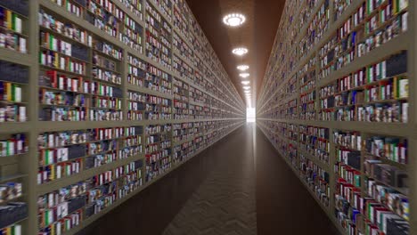 Long-library-corridor-with-bookcases-and-thousands-of-books,-wood-floor,-and-chandeliers-on-the-ceiling-3D-animation