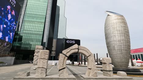 Landmark-sculptures-at-the-Coex-Artium-World-Trade-Center-in-Seoul,-South-Korea---establishing-shot