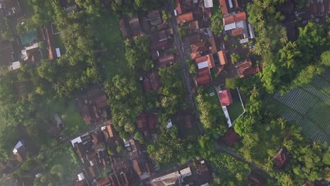 Luftbild-Von-Oben-Nach-Unten-Auf-Die-Landschaft-Mit-Plantage-Und-Kleinem-Dorf-In-Indonesien-Während-Eines-Sonnigen-Und-Nebligen-Morgens