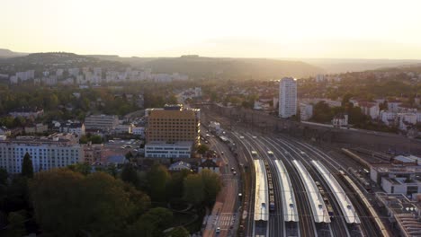 European-French-Train-station-golden-hour-drone-4k-30p