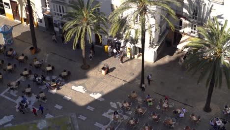 Looking-down-at-Mediterranean-square-with-tables-and-palm-trees-on-sunny-day