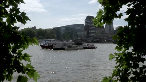 Boats-Moored-In-River-Thames-Near-Lambeth-Bridge-Seen-Through-Tree-Branches-On-Sunny-Day-In-London