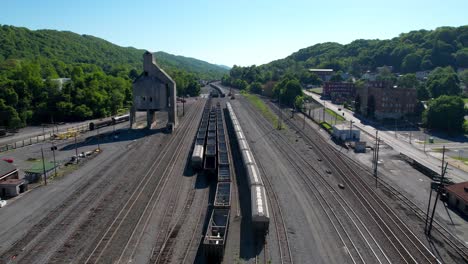 Vagones-De-Carbón-Aéreo-A-Lo-Largo-De-Las-Vías-Del-Tren-Cerca-De-Bluefield-West-Virginia