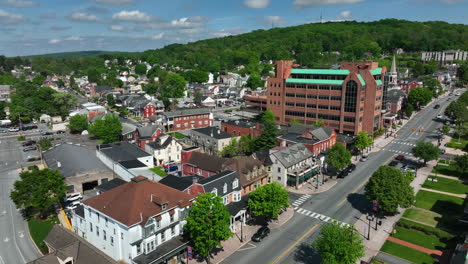 Aerial-angled-view-of-main-street-of-small-American-town