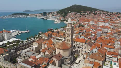 A-an-aerial-picture-of-Split-city-centre-showing-Diocletian's-Palace,-the-bell-tower-of-the-cathedral-of-St-Domnius