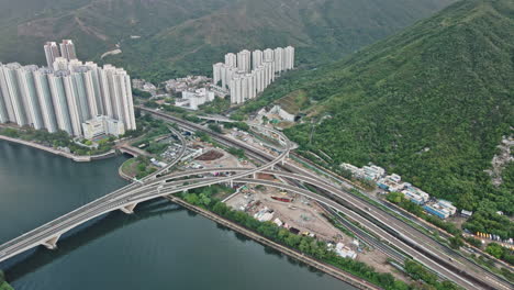 Complicated-highway-intersection-in-Shatin-Ma-Liu-Shui,-Hong-Kong,-aerial-view