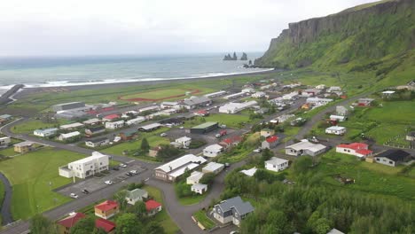 Vik,-Iceland-skyline-with-drone-video-moving-forward