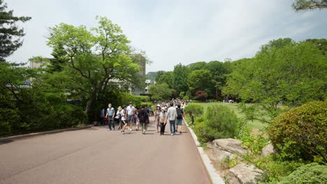 Turistas-Coreanos-Con-Máscaras-Que-Visitan-El-Parque-De-Residencia-Del-Presidente-De-Cheong-Wa-Dae-Abierto-Al-Público-En-Verano