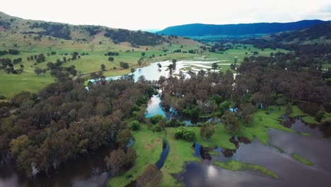 Aerial-footage-of-the-swollen-floodplains-of-the-Mitta-Mitta-River-near-where-it-enters-Lake-Hume,-in-north-east-Victoria,-Australia
