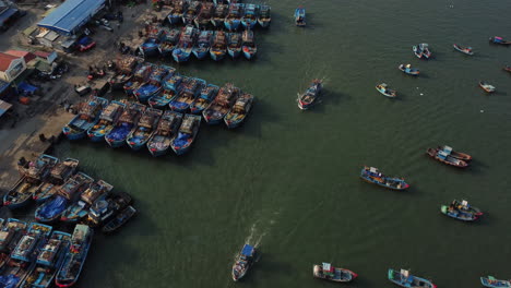 Riesige-Vietnamesische-Fischereiindustrie-Im-örtlichen-Hafen,-Luftaufnahme