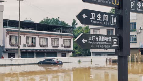 Flood-Water-in-Parking-Lot-with-Parked-Car,-Natural-Disaster-in-China