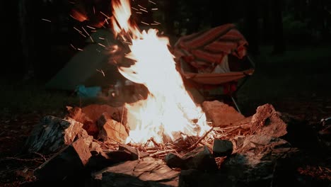 Close-up-of-wood-campfire-burning-in-front-of-campsite