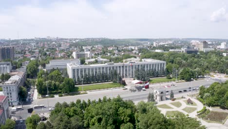 Tilt-aerial-view-of-Government-House-of-Republic-of-Moldova,-Chisinau