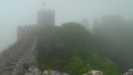 Panoramablick-Auf-Moors-Castle-Mit-Dichtem,-Nassem-Nebel,-Der-Durch-Die-Bäume-Weht